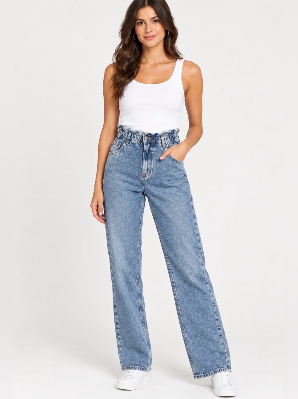 ZARA High Rise Paperbag Jeans Size 8 Light Wash Blue Straight Leg 32” Inseam